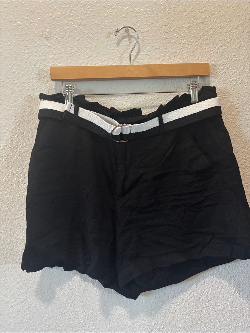 Black Women's Paperbag Waist Shorts with Contrast Belt